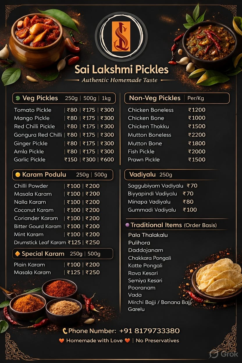 Sai Lakshmi Pickles original menu with pack sizes and prices